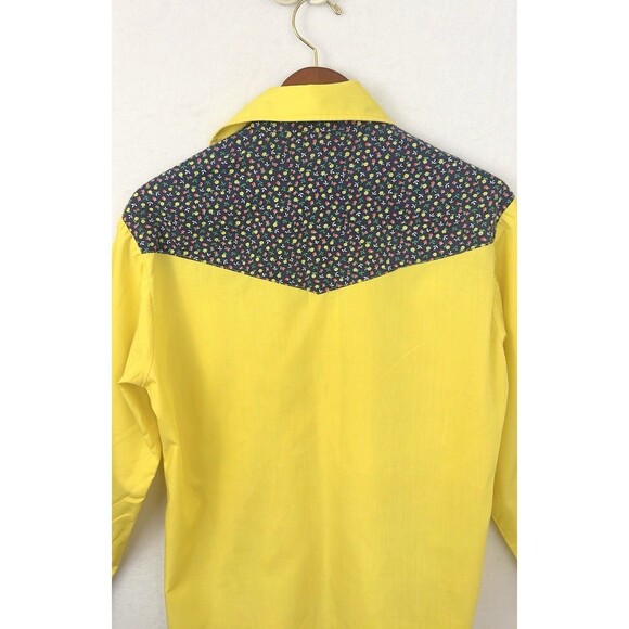 Vintage Retro Western Button Down Shirt Yellow Blue Ditzy Floral Single Stitch - Picture 6 of 12
